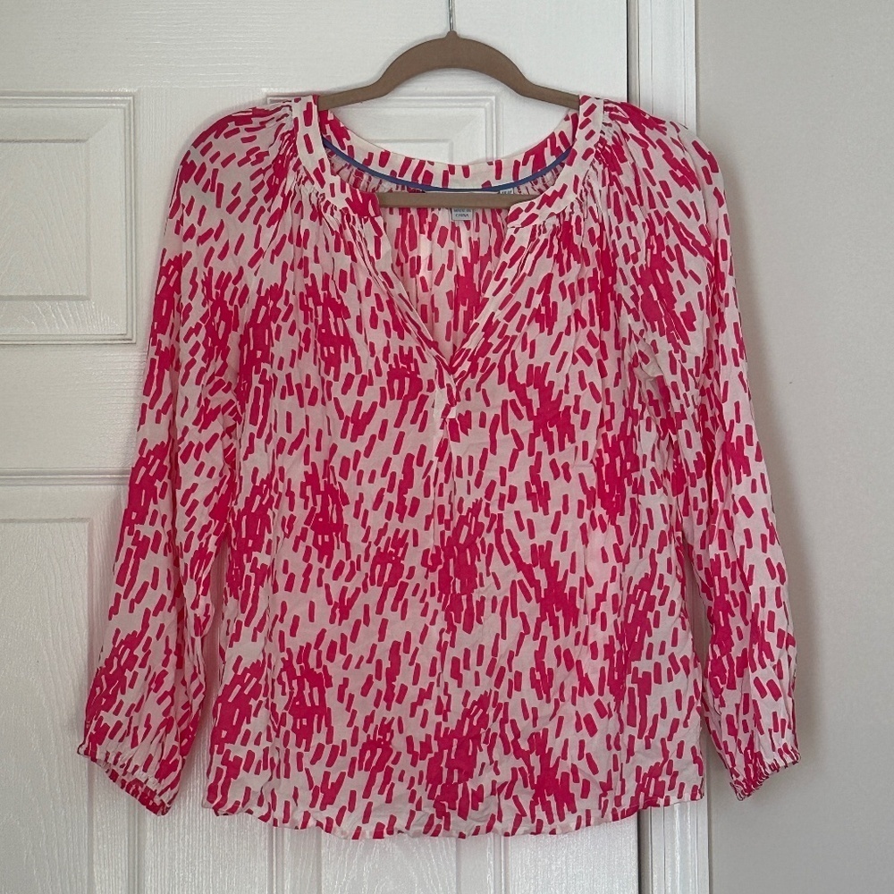Boden Popover V Neck Tunic Pink White Viscose Petite 4P Geometric Abstract Work